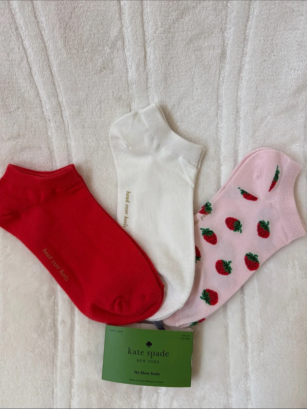Kate Spade New York 3 Pairs Pink Strawberry, White & Red No-Show Sock Set